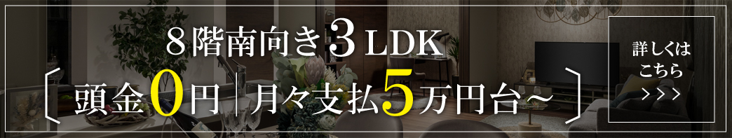 8階南向き 3LDK【 頭金0円 │ 月々支払5万円台～ 】詳しくはこちら