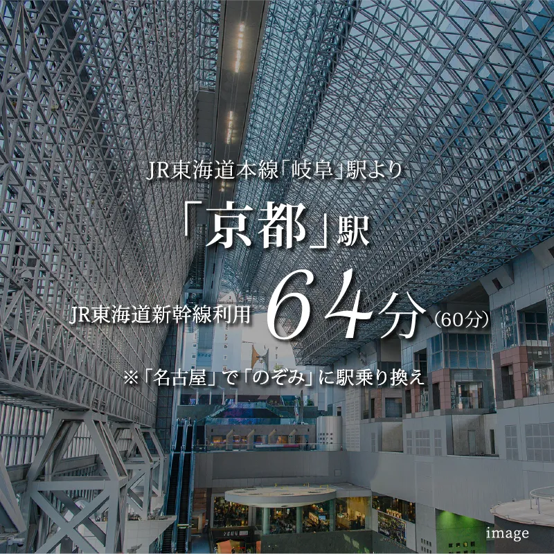 JR岐阜駅から京都駅へ64分（日中60分）。名古屋駅で新幹線のぞみに乗り換え。