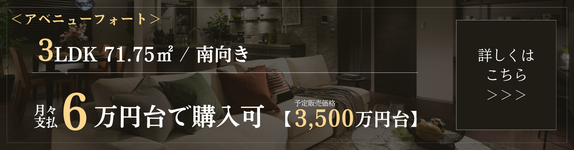 ＜アベニューフォート＞3LDK　71.75㎡／南向き 月々支払6万円台で購入可 予定販売価格3,500万円台 詳しくはこちら