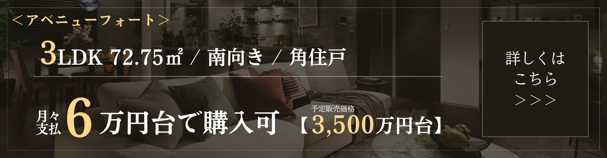 ＜アベニューフォート＞3LDK　72.75㎡／南向き／角住戸 月々支払6万円台で購入可 予定販売価格3,500万円台 詳しくはこちら