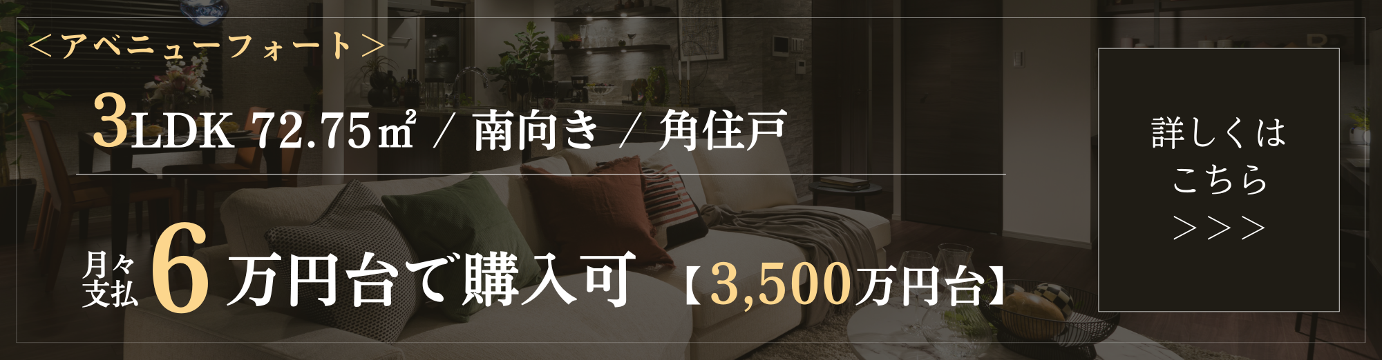 ＜アベニューフォート＞3LDK　72.75㎡／南向き／角住戸 月々支払6万円台で購入可 3,500万円台 詳しくはこちら