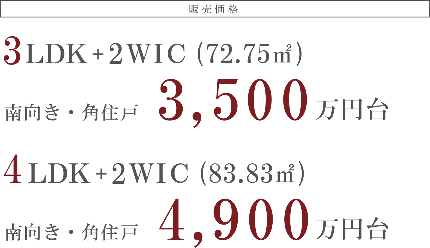 販売価格｜3LDK+2WIC(72.75㎡)南向き・角住戸 3,500万円台｜4LDK+2WIC(83.83㎡)南向き・角住戸 4,900万円台