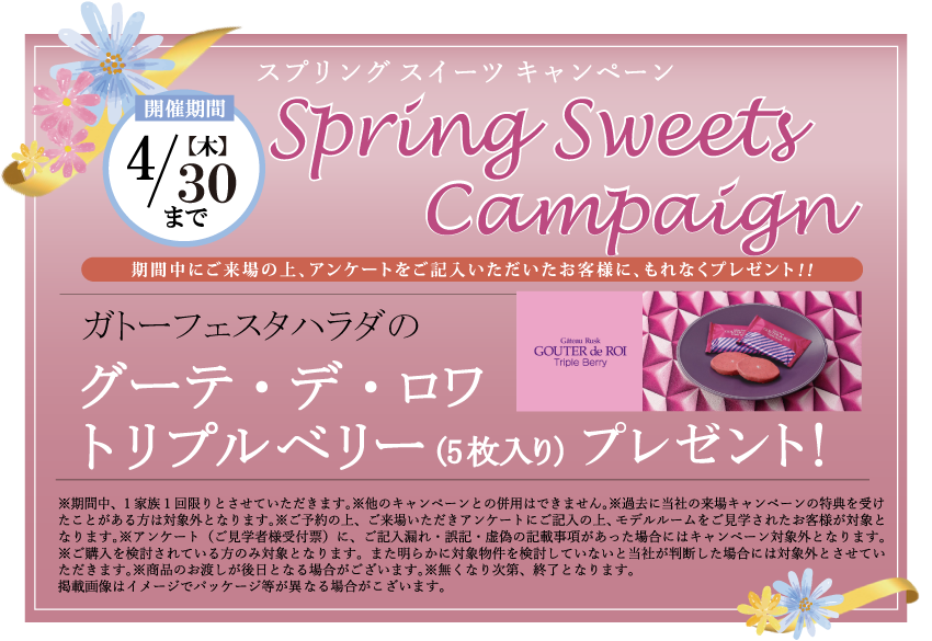 スプリングスイーツキャンペーン | 【開催期間】4/30(木)まで | 期間中にご来場の上、アンケートをご記入いただいたお客様に、もれなくプレゼント！！ | ガトーフェスタハラダのグーテ・デ・ロワ | グーテ・デ・ロワ トリプルベリー（5枚入り）プレゼント！ | ※期間中、1家族1回限りとさせていただきます。※他のキャンペーンとの併用はできません。※過去に当社の来場キャンペーンの特典を受けたことがある方は対象外となります。ご予約の上、ご来場いただきアンケートにご記入の上、モデルルームをご見学されたお客様が対象となります。※アンケート（ご見学者様受付票）に、ご記入漏れ・誤記・虚偽の記載事項があった場合にはキャンペーン対象外となります。※ご購入を検討されている方のみ対象となります。また明らかに対象物件を検討していないと当社が判断した場合には対象外とさせていただきます。※商品のお渡しが後日となる場合がございます。※無くなり次第、終了となります。掲載画像はイメージでパッケージ等が異なる場合がございます。