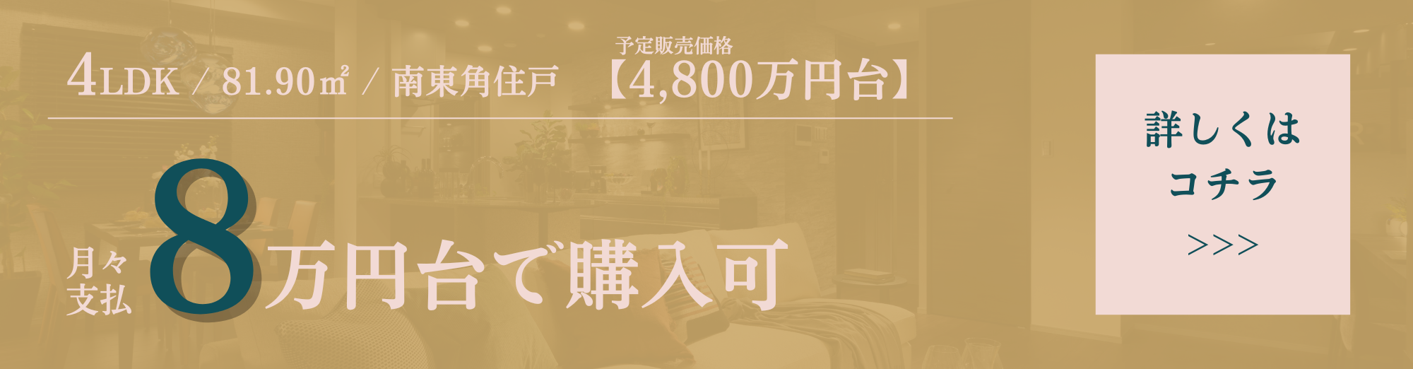 4LDK/81.90㎡/南東角住戸/予定販売価格4,800万円台/月々支払8万円台で購入可/詳しくはコチラ