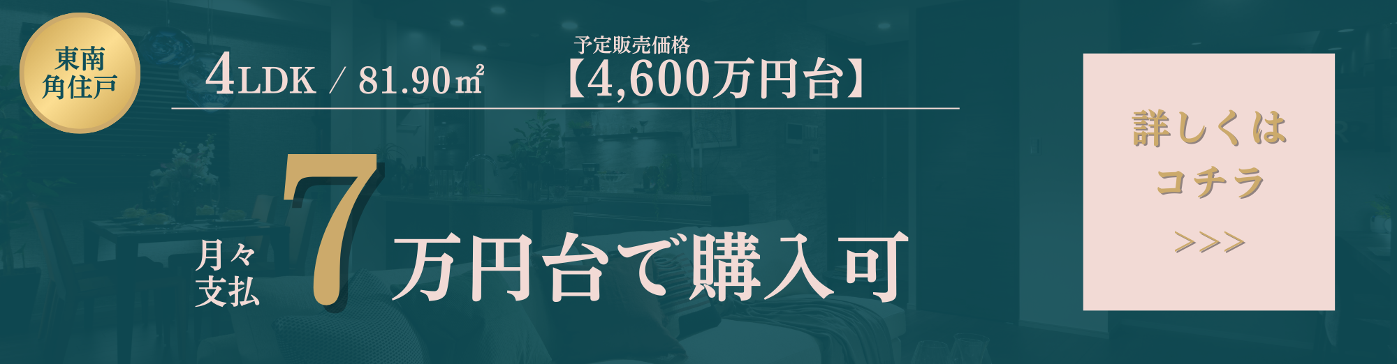 4LDK/81.90㎡/南東角住戸/予定販売価格4,600万円台/月々支払8万円台で購入可/詳しくはコチラ