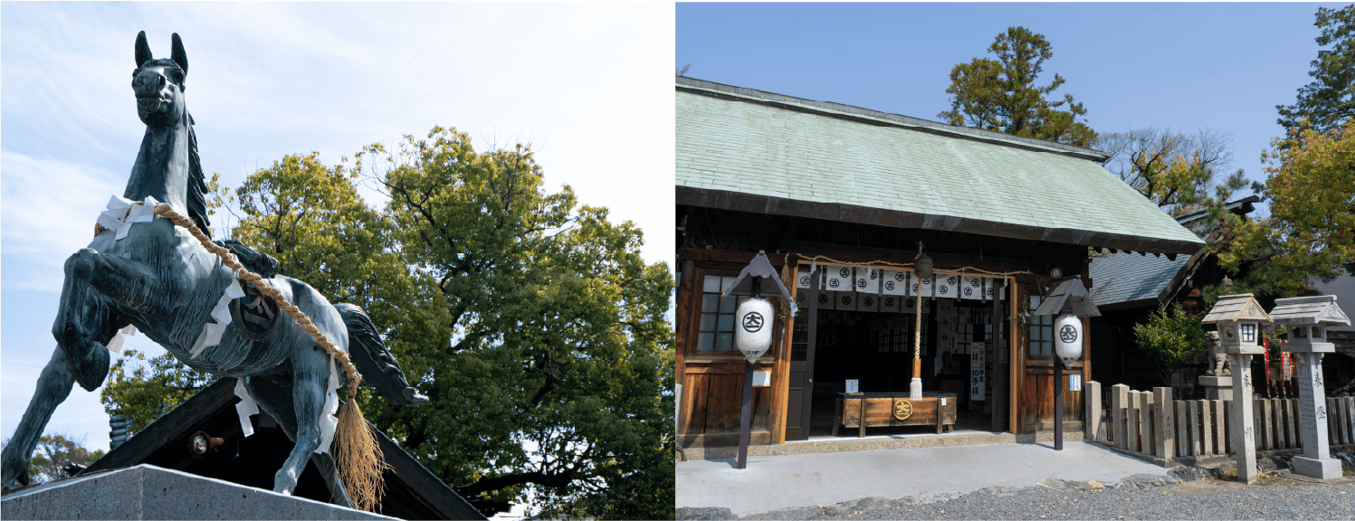 神明大一社の神馬像と社殿