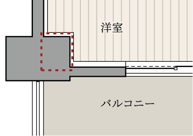 非アウトポール設計の間取り図解（室内側に柱が出っ張る一般的な工法）