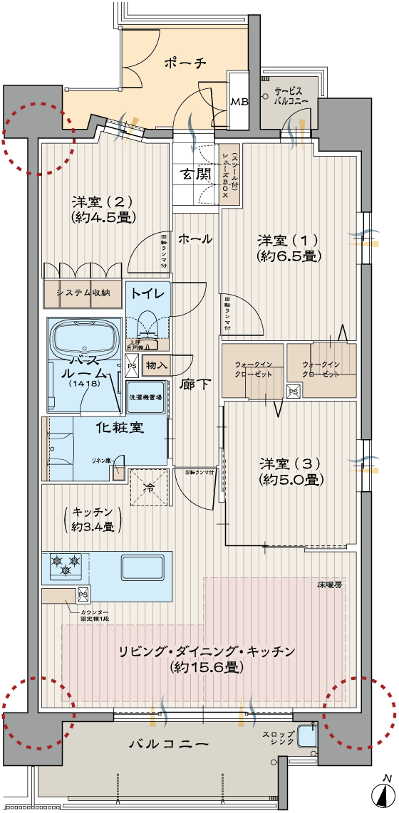 C TYPE間取り図（アウトポール設計採用箇所を四隅に表示）