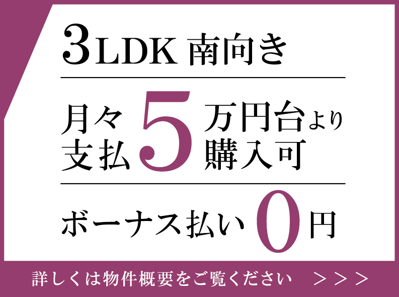 3LDK・南向き │ 月々支払5万円台より購入可 │ ボーナス払い 0円・