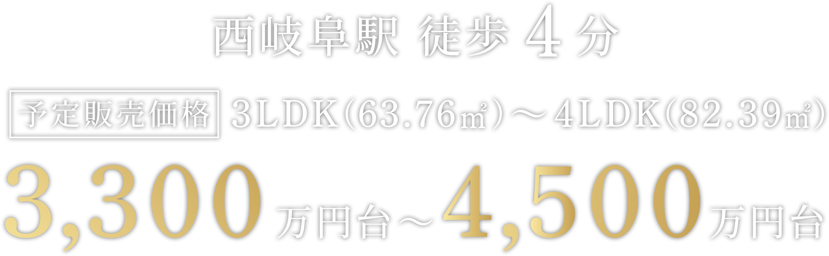 西岐阜駅 徒歩4分|予定販売価格 3LDK（63.76㎡）～4LDK（82.39㎡）|3,300万円台～4,500万円台