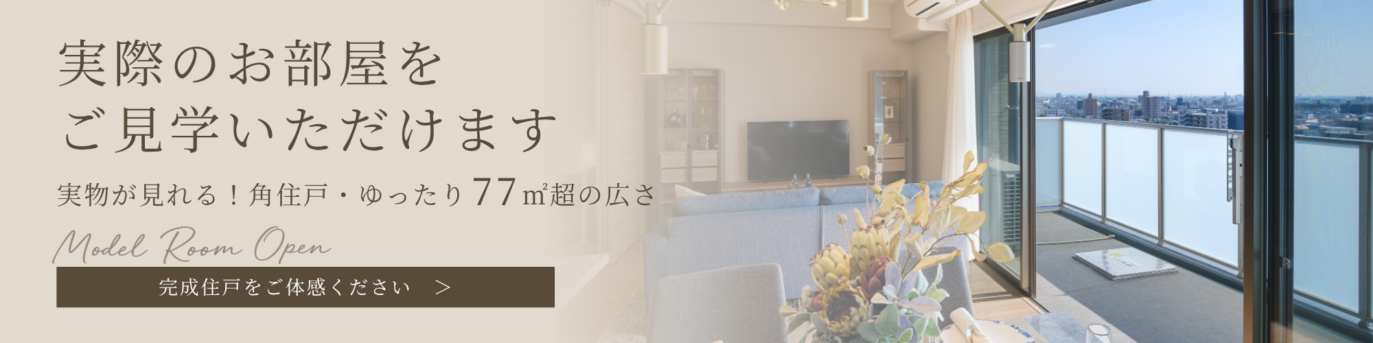 実際のお部屋をご覧いただけます｜実物が見れる！上層階モデルルームOPEN｜完成住戸を実際にご体感ください　＞