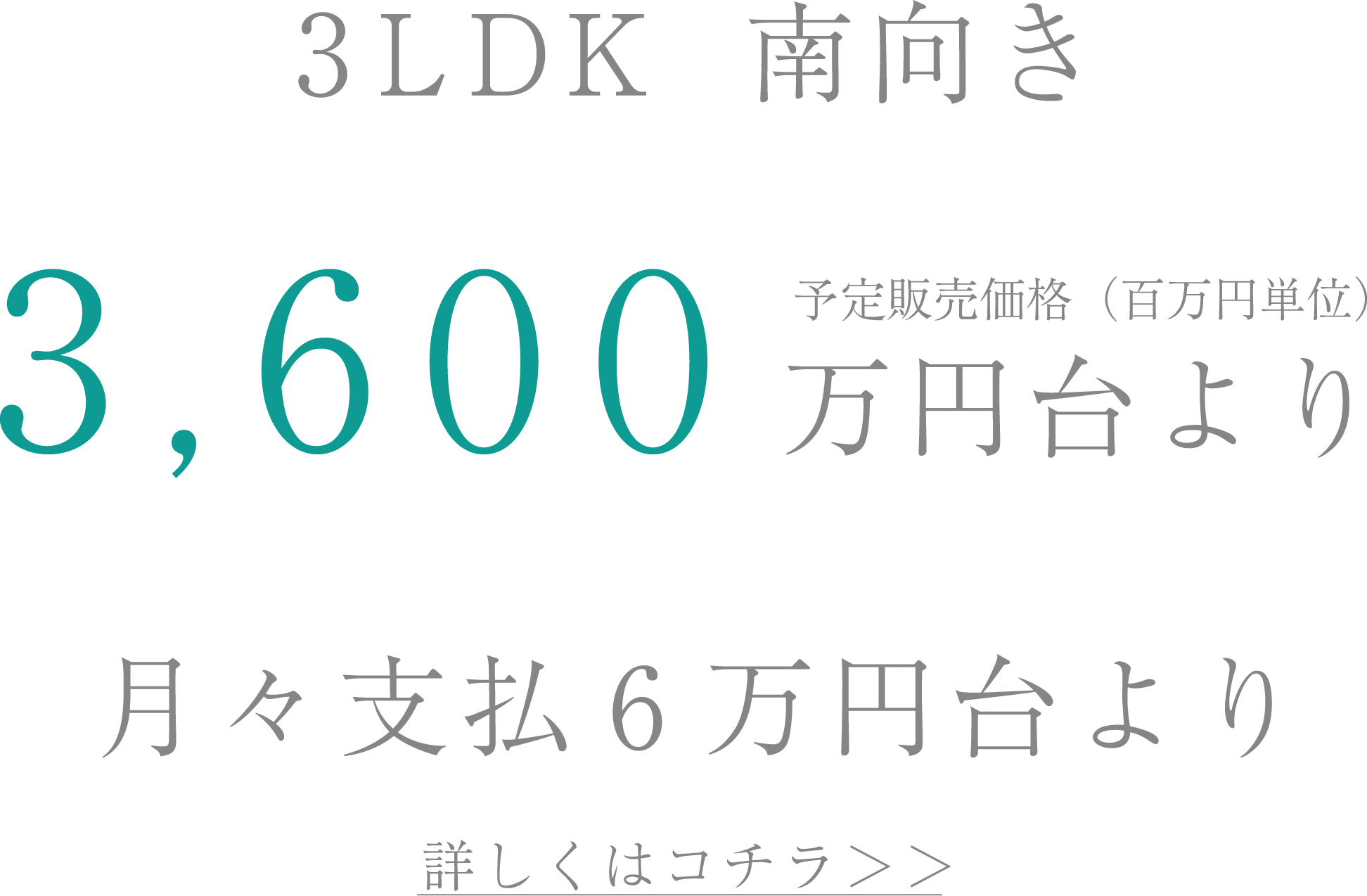 3LDK南向き3,700万円台より/月々支払6万円台より購入可能/販売価格（100万円単位）