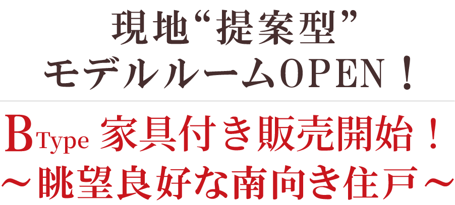 現地提案型モデルルームOPEN!Btype家具付き販売開始！/∼眺望良好な南向き住⼾∼