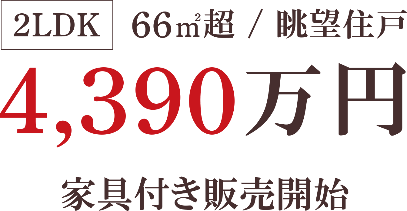 2LDK/66㎡超/眺望住戸/4,390万円/家具付き販売開始
