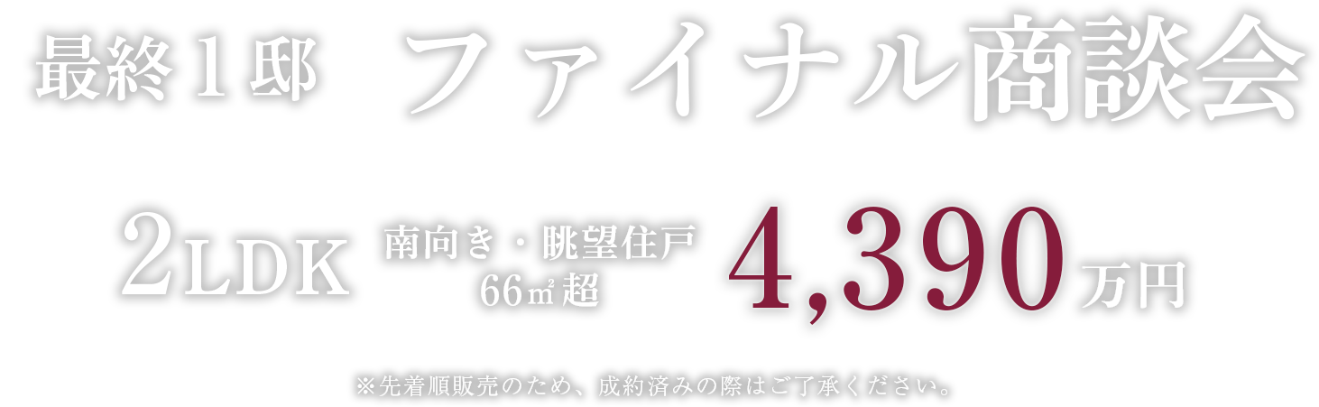 最終1邸｜ファイナル商談会|2LDK（66㎡超）｜南向き・眺望住戸|4,390万円
